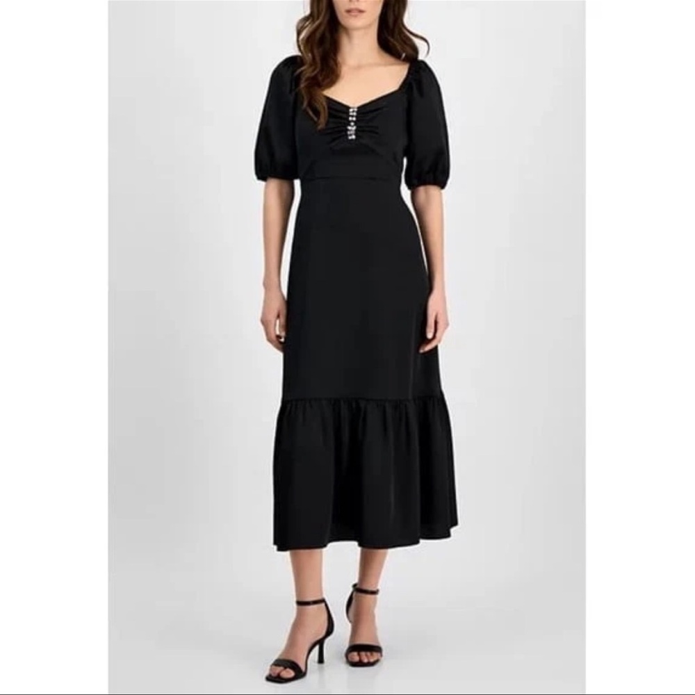 Anne Klein Black Jewel Rhinestones Accents Puff-Sleeve Midi Dress, Size 4